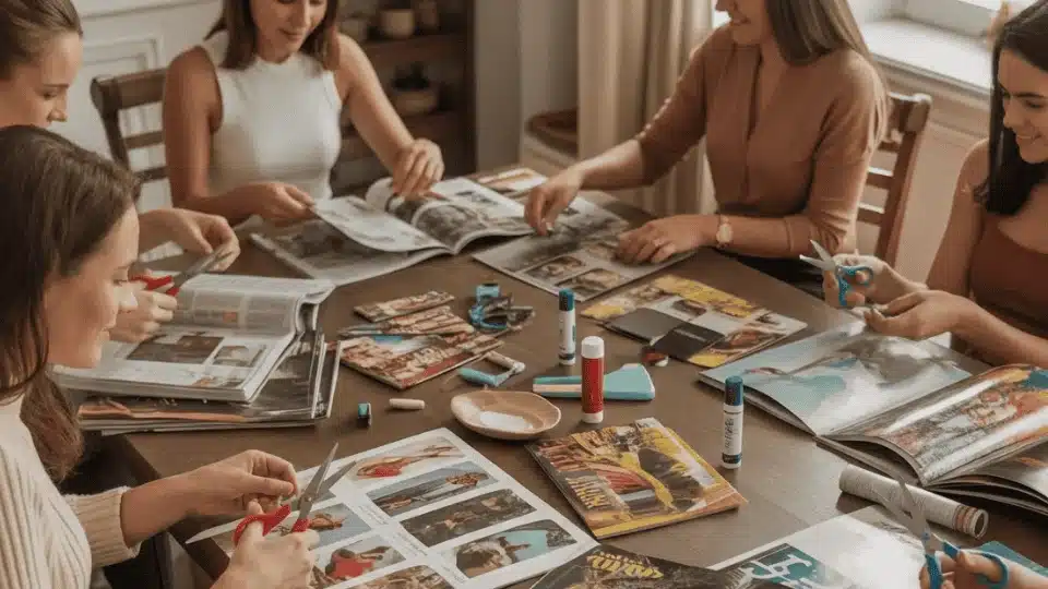 friends creating vision boards with magazine cutouts and glue during a creative hangout at homE