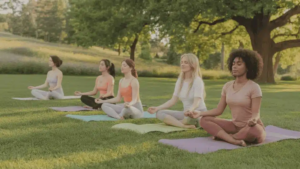 friends doing yoga together on mats in a park during a peaceful and relaxing outdoor hangout
