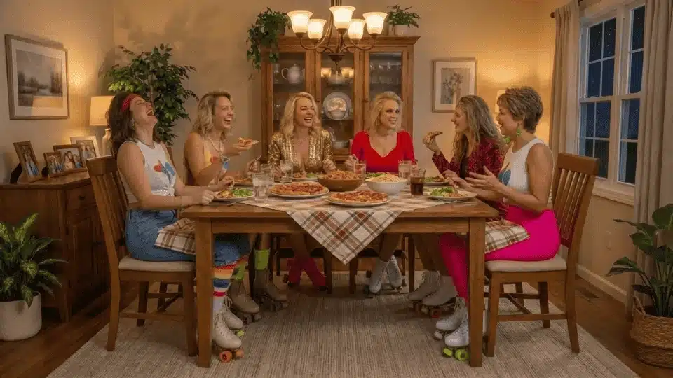 friends enjoying a 90s-themed night with music and snacks during a fun and nostalgic hangout at home