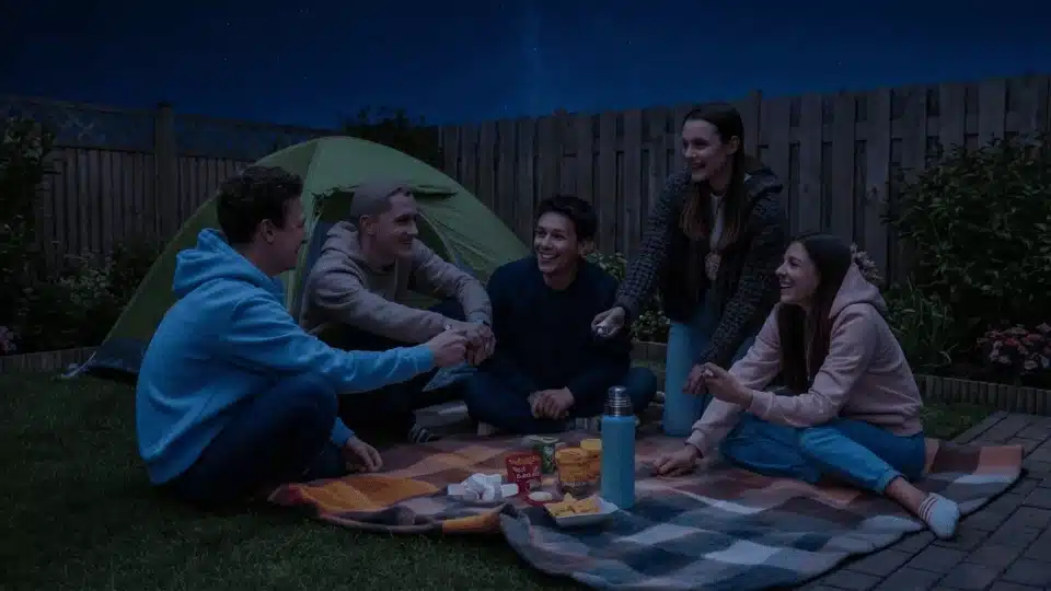 friends enjoying a backyard campout with a tent and snacks during a cozy and fun outdoor hangout
