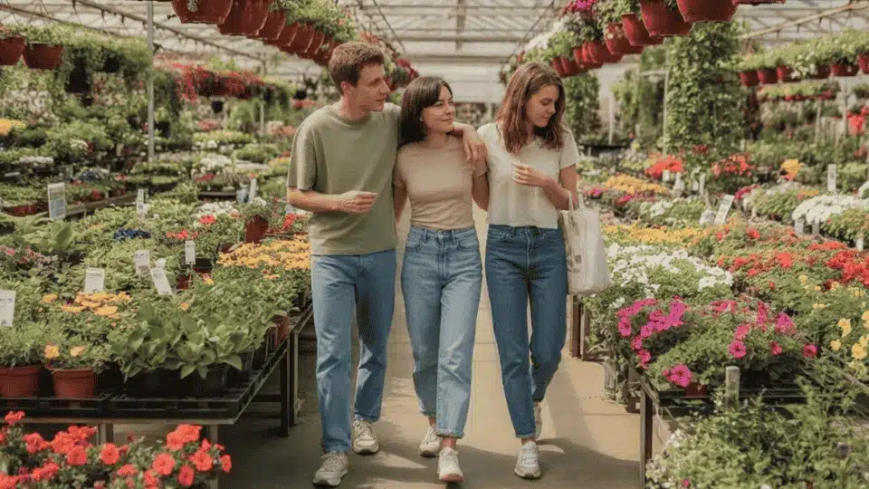 friends exploring a garden center together looking at plants and flowers during a relaxing hangout