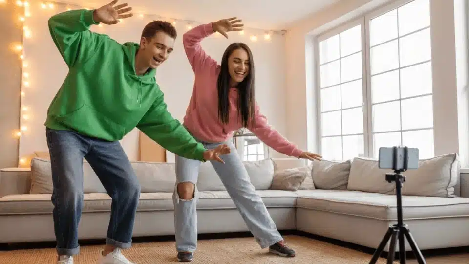 friends filming a fun dance challenge on a phone while laughing together during a hangout
