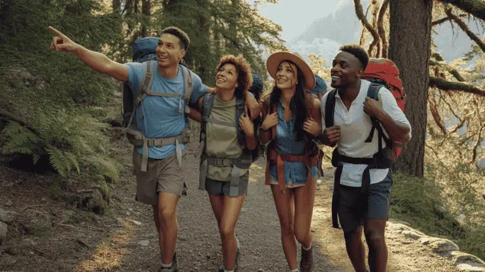 friends hiking together on a forest trail enjoying nature during a casual outdoor hangout