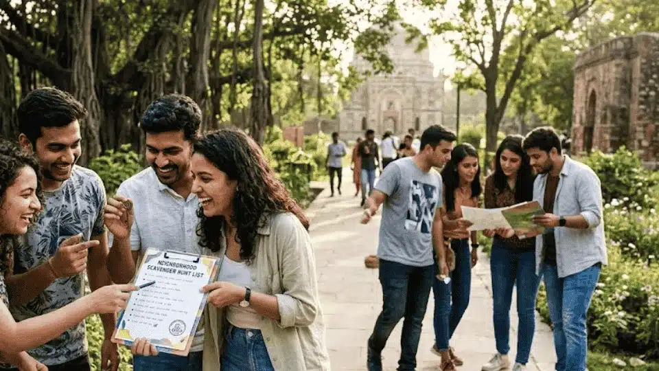 friends in a outdoor park, holding a Neighborhood Scavenger Hunt List on a clipboard while other teams search in the background.