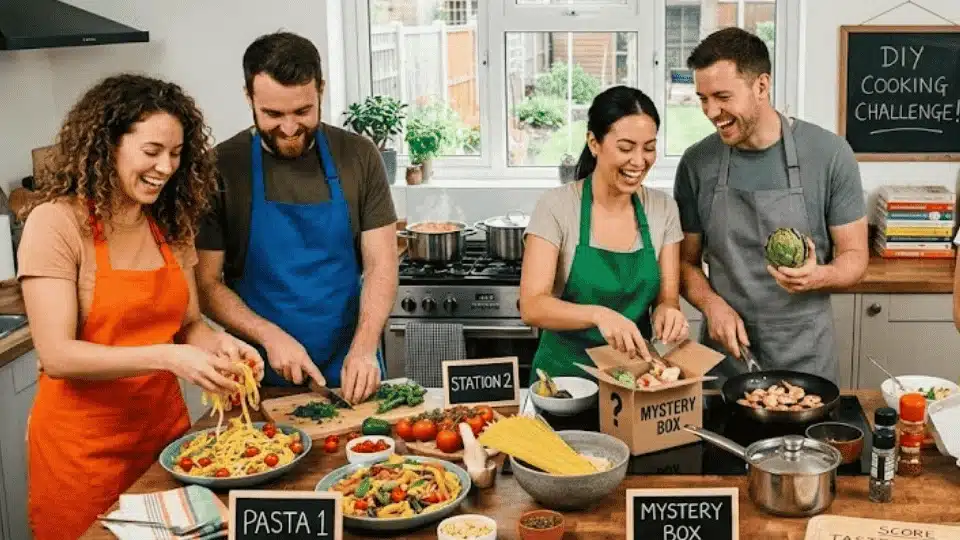 friends in colorful aprons laughing while preparing different dishes during a diy cooking challenge