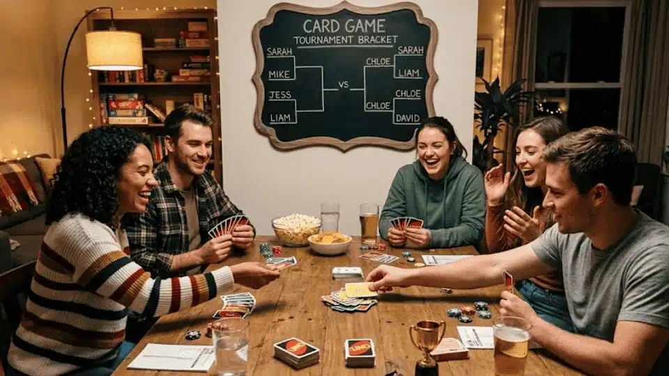 friends laughing and playing a card game at a wooden table with a tournament bracket on the wall behind them.