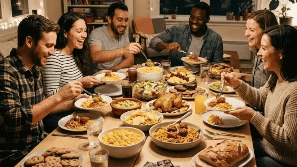 friends laughing around a table filled with various dishes, sharing a potluck meal in a cozy living room.