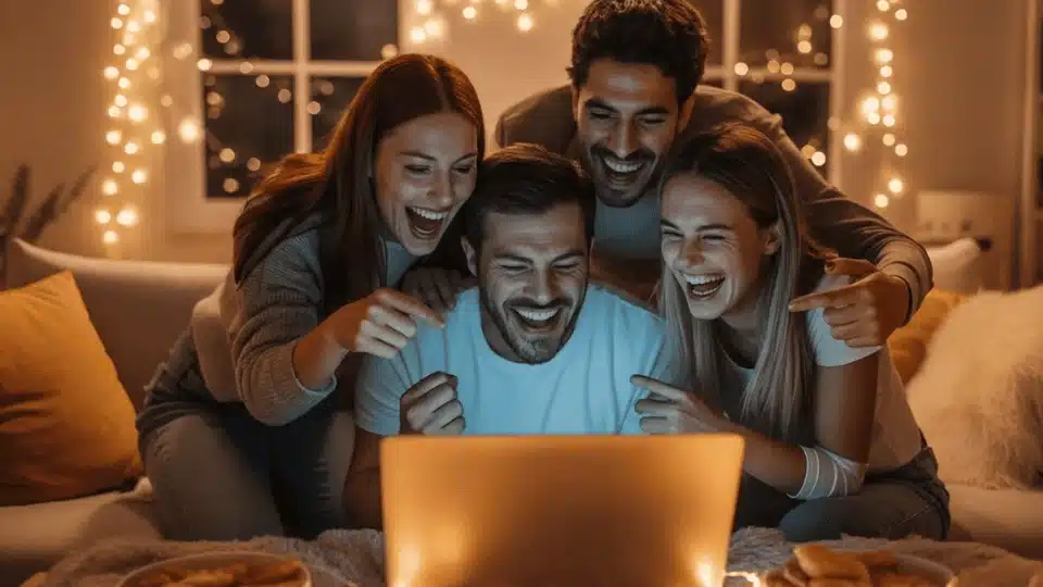 friends laughing while huddled around a glowing laptop in a cozy, dimly lit living room