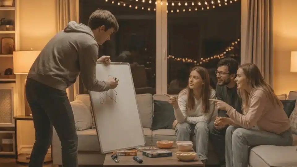 friends laughing while playing charades and pictionary during a fun indoor game night