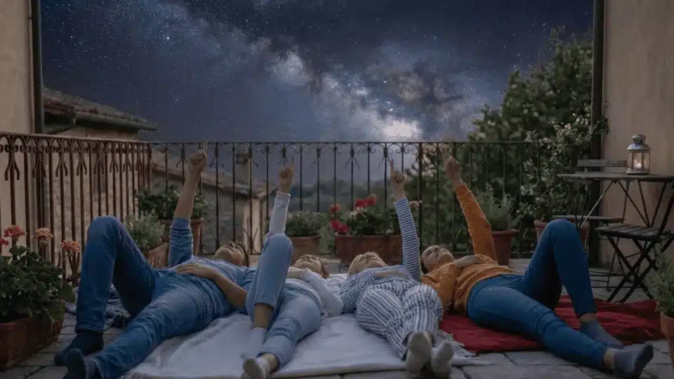 friends lying on blankets in a balcony stargazing together during a calm night hangout