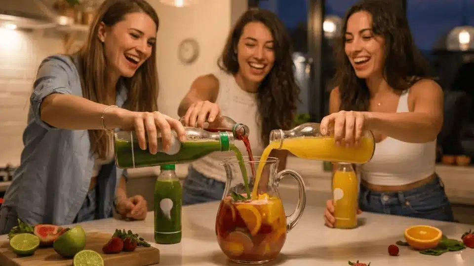 friends making colorful diy mocktails together at home during a fun and creative hangout