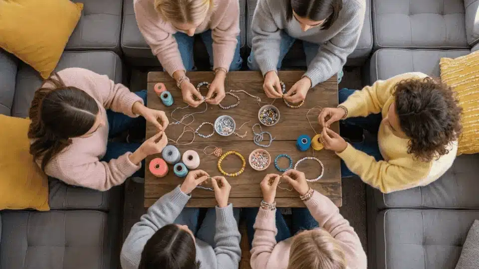 friends making colorful friendship bracelets together during a fun and creative hangout at home