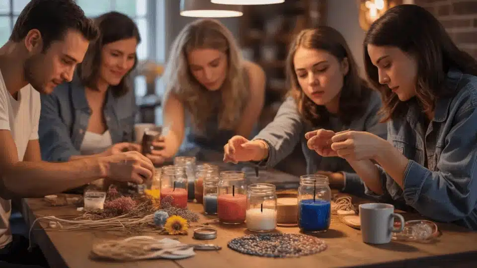 friends making diy candles and crafts together at a table during a creative hangout