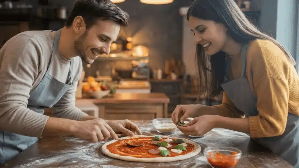 friends making diy pizzas together at a kitchen table during a fun and casual hangout