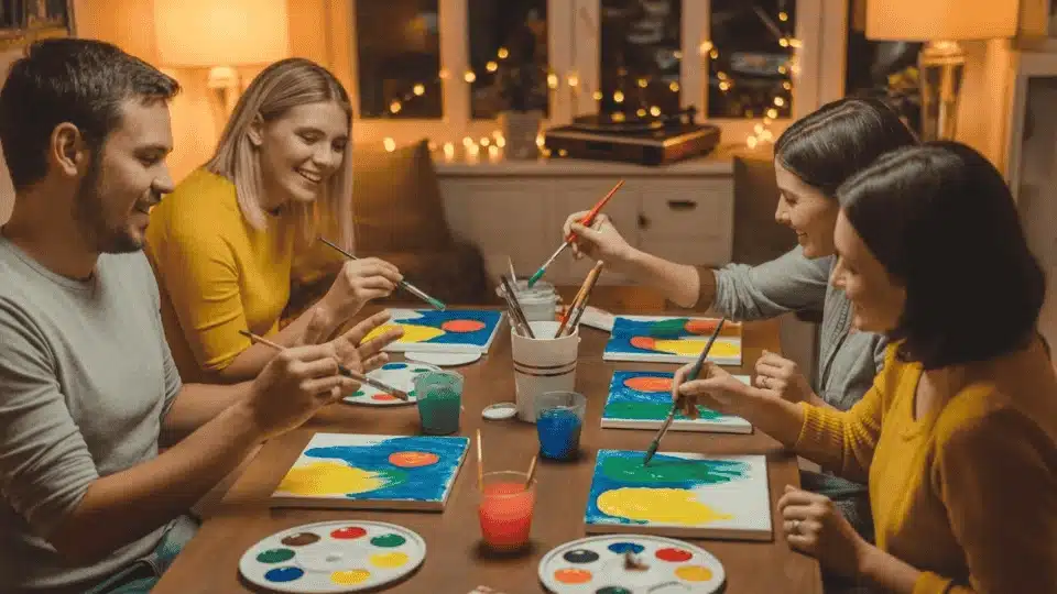 friends painting on small canvases during a cozy paint night hangout at home