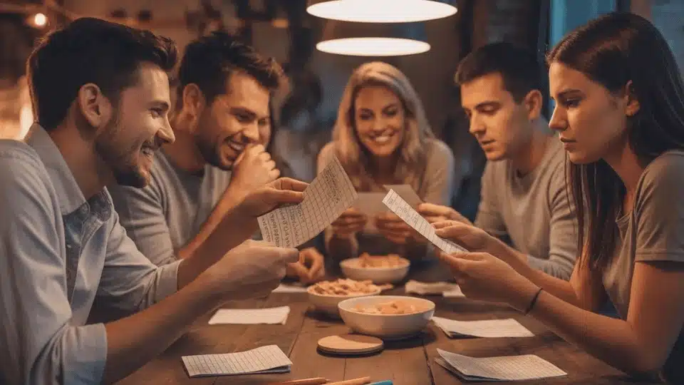 friends playing a diy trivia game together at a table during a fun and interactive indoor hangout
