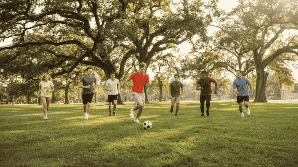 friends playing basketball and soccer together at a park during a fun outdoor hangou