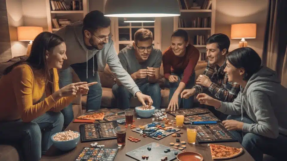 friends playing multiple board games together at a table during a fun and energetic indoor hangout