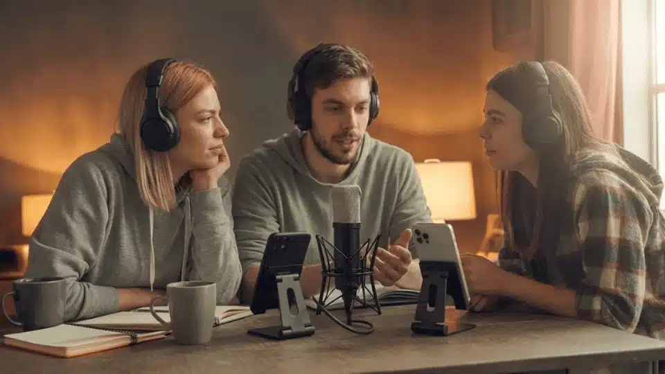 friends recording a fun podcast together using phones while chatting and laughing indoors