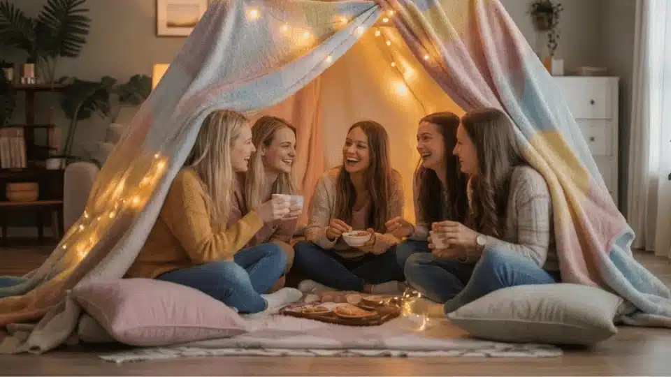 friends relaxing inside a cozy blanket fort made with pillows and blankets during a fun hangout
