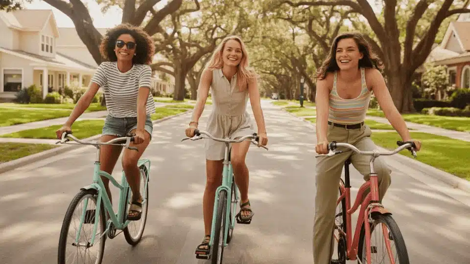 friends riding bicycles together on a sunny neighborhood street during a casual outdoor hangout