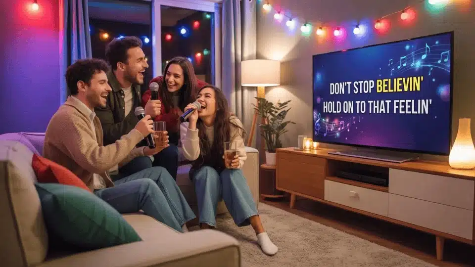 friends singing karaoke in a living room while others cheer and laugh during a fun hangout