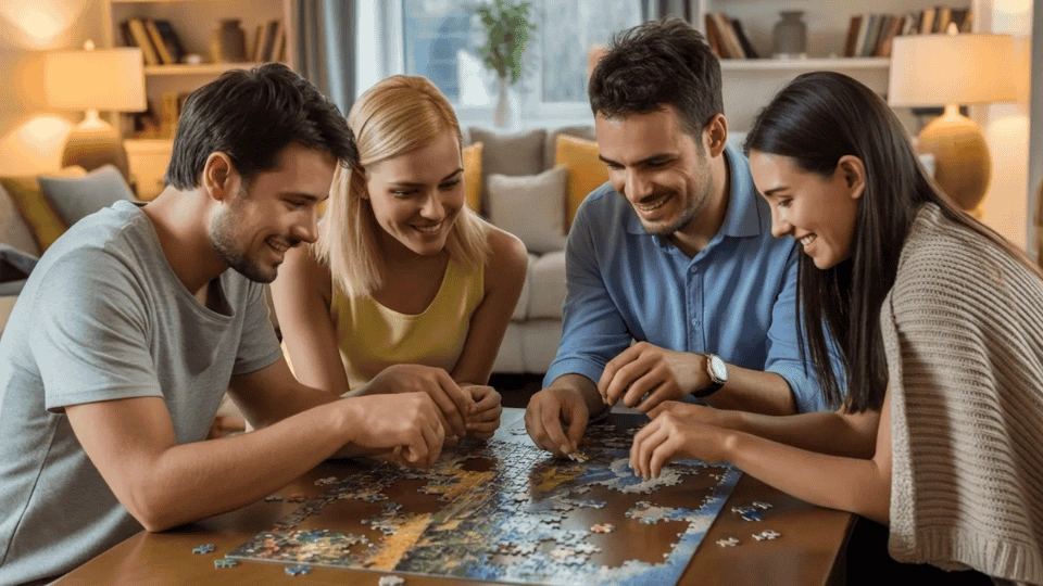 friends sitting around a table working on a jigsaw puzzle together during a cozy indoor hangout