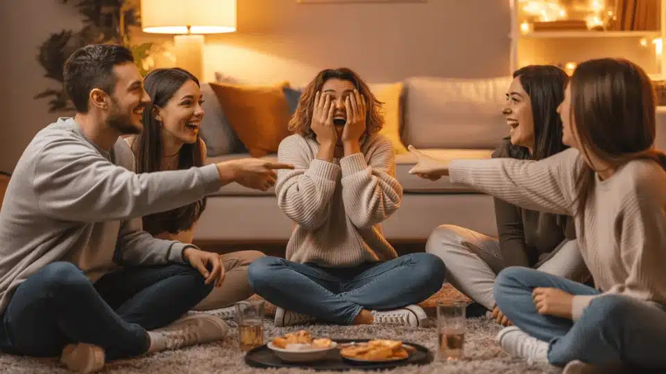 friends sitting in a circle laughing while playing truth or dare during a fun hangout
