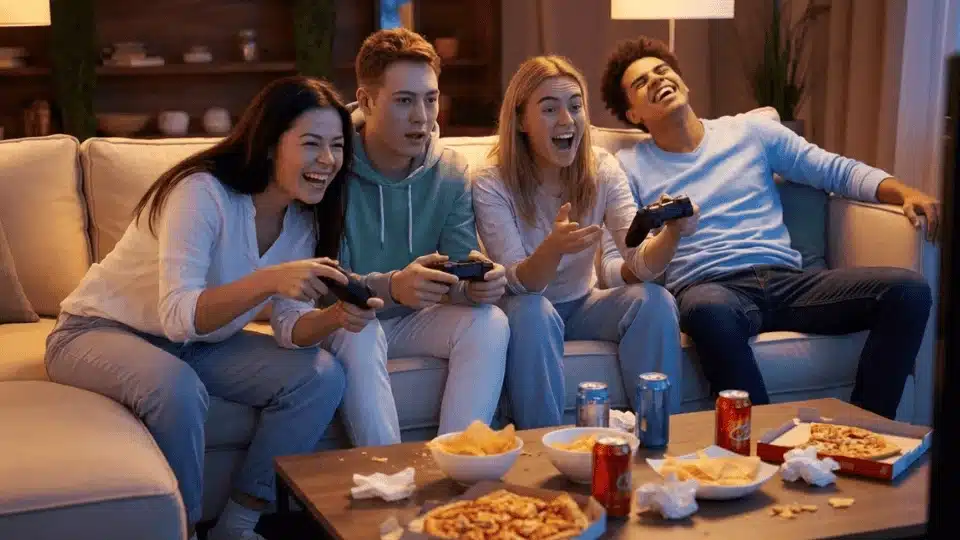 friends sitting on a couch playing video games together during a relaxed indoor hangout