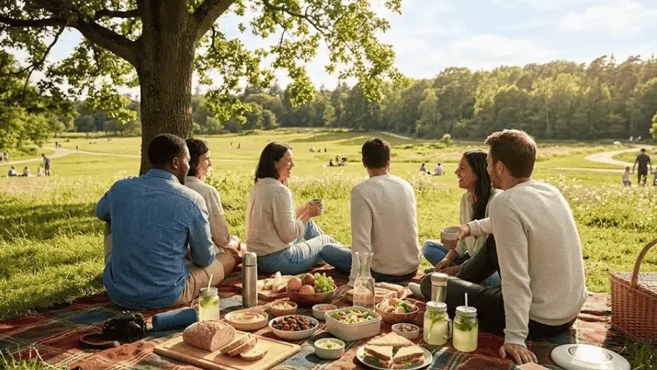 friends sitting on a plaid blanket under a tree, enjoying a picnic spread in a sunny green park.
