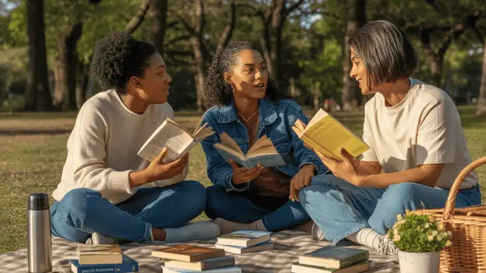 friends sitting together in a park discussing a book during a casual mini book club hangout