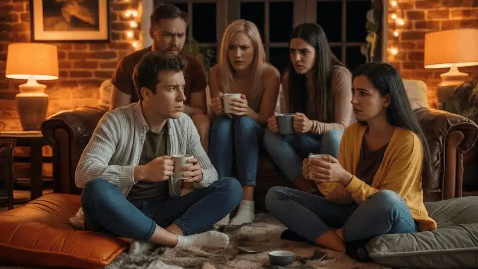 friends sitting together telling stories during a cozy indoor hangout