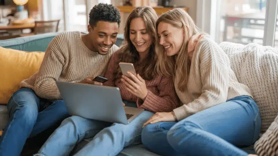 friends taking online personality quizzes together on a laptop and phones during a fun indoor hangout
