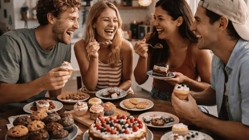 friends tasting homemade desserts together around a table during a fun and casual dessert party hangout