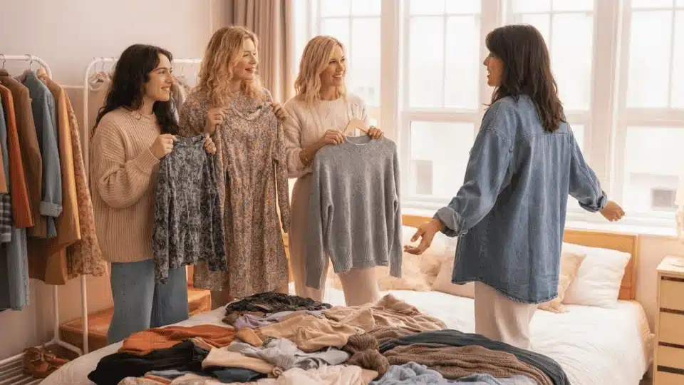 friends trying on clothes during a fun clothing swap hangout at home