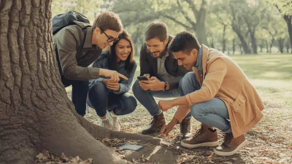 friends using a phone map while searching for a hidden geocache in a park during a fun outdoor hangout