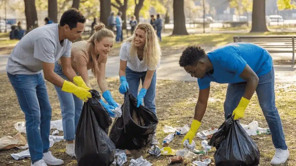 friends volunteering together during a community park cleanup while collecting trash in bags