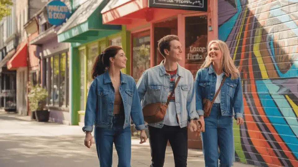 friends walking through a neighborhood street exploring shops and murals during a casual hangout