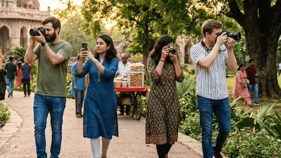 friends walking through a scenic park with historic architecture, using cameras and phones to take photos