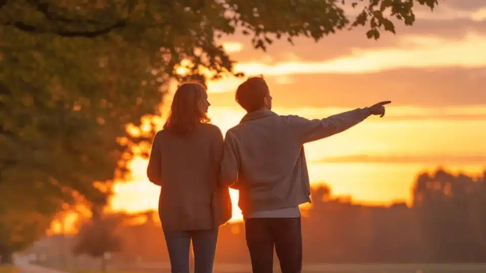 friends walking together during a colorful sunset in a park, enjoying a calm evening hangout and conversation