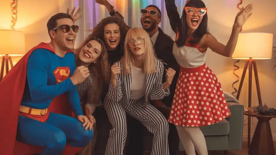 friends wearing fun costumes and laughing together during a themed costume night hangout
