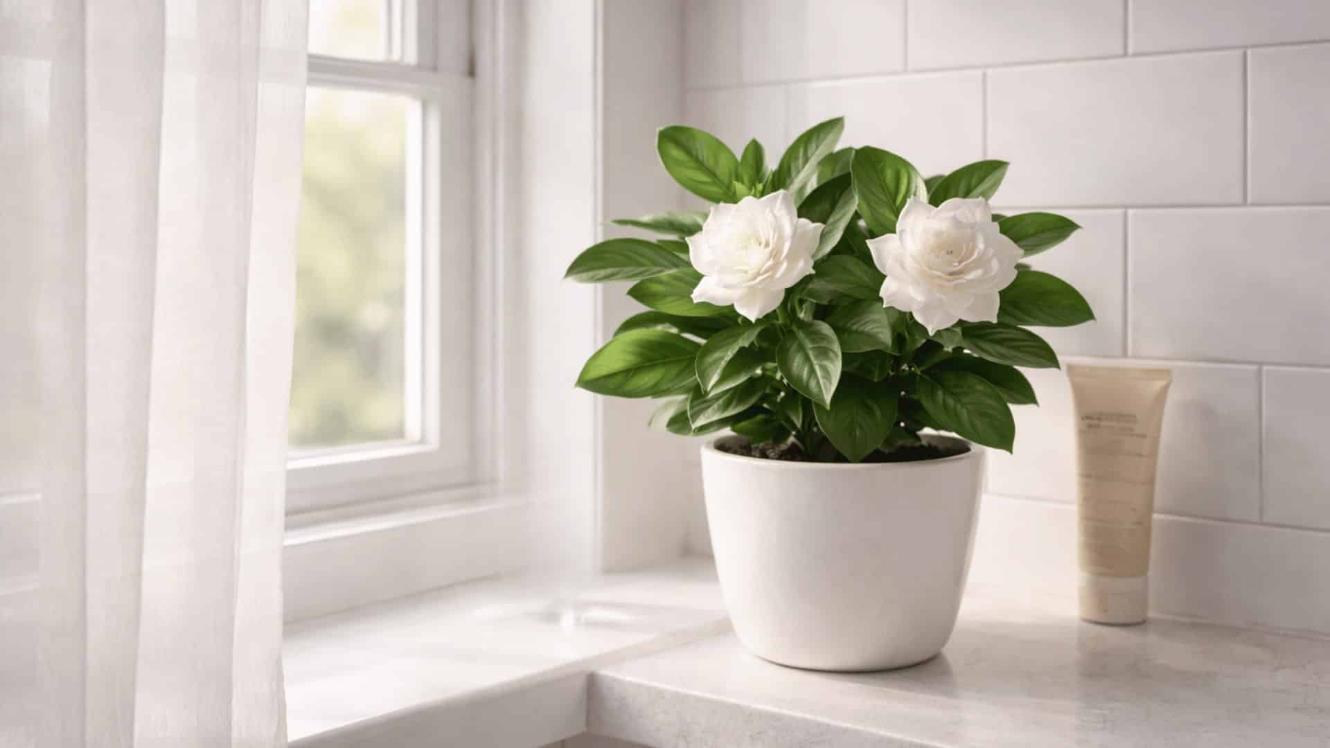 gardenia with white blooms in ceramic pot on bathroom windowsill with glass of water and lotion nearby