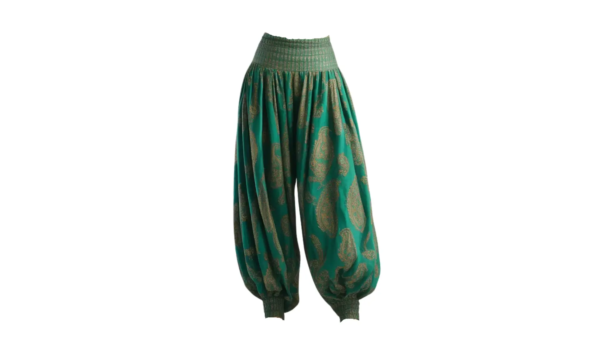green paisley harem pants featuring a smocked high waistband and elasticated ankles on a white background