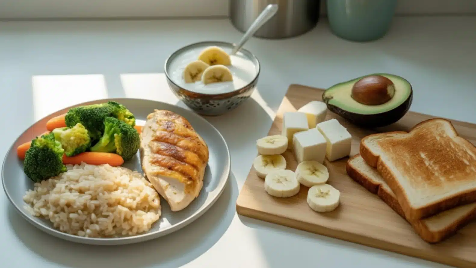 grilled chicken with rice, broccoli, carrots, yogurt with banana, avocado, toast, cheese cubes, and bananas on board