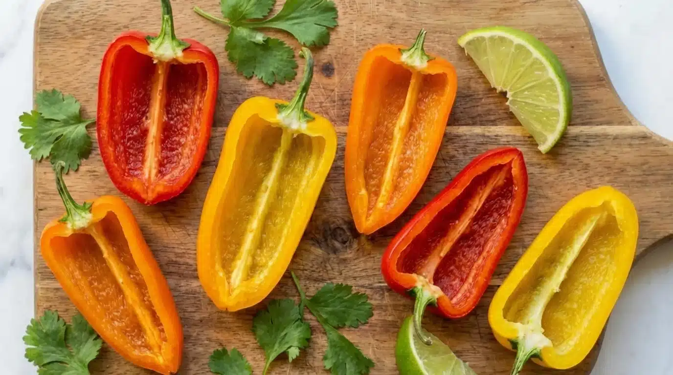 halved bell peppers (red, yellow, orange) on wooden board with fresh cilantro leaves and lime wedges scattered around
