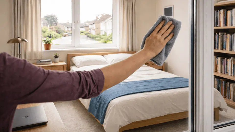 hand cleaning bedroom window with a microfiber cloth in a bright tidy room with a neatly made bed and natural daylight