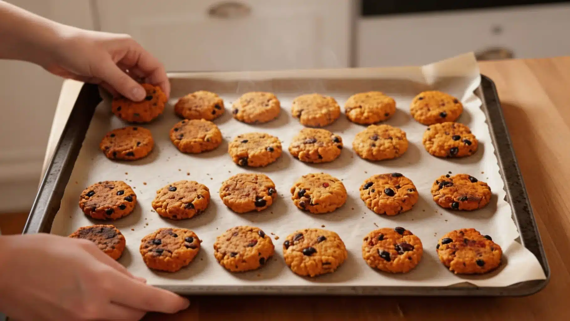hand lifting freshly baked sweet potato and black bean patties from a parchment-lined baking tray on the kitchen counter