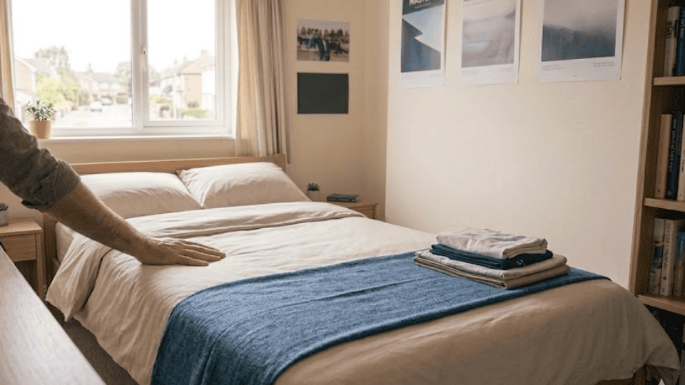 hand smoothing blanket on a neatly made bed in a bright, tidy bedroom with folded sheets, desk, lamp, and natural daylight