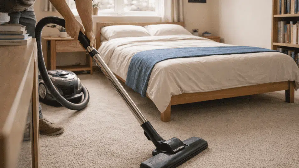 hand vacuuming carpet floor beside a neatly made bed in a bright bedroom with desk, bookshelf, and natural daylight