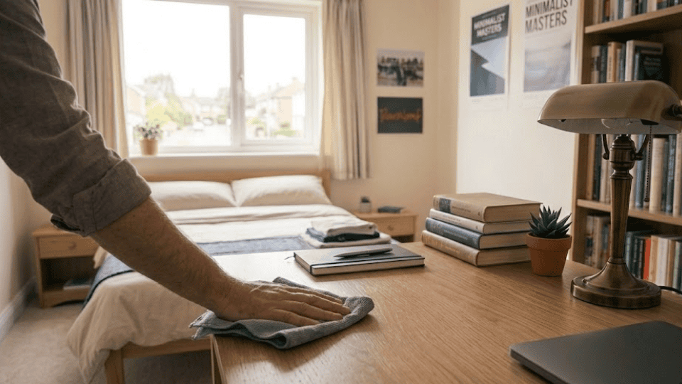 hand wiping a wooden desk with a cloth in a tidy bedroom with a made bed, stacked books, lamp, and natural daylight from a window